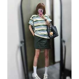 撞色条纹字母印花短袖T恤女夏季新款宽松百搭休闲上衣