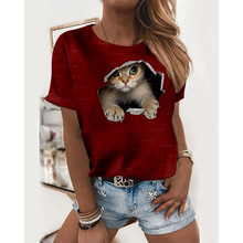 2021款亞馬遜跨境外貿夏季女裝萌萌貓咪印花3D數碼印花圓領T恤