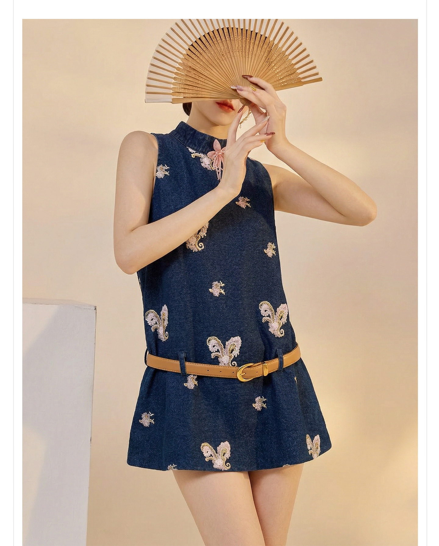 Bộ áo không tay và quần short denim phong cách Tân Trung Hoa mùa hè — bộ đồ, Trang chủ, quần đùi chi tiết 5