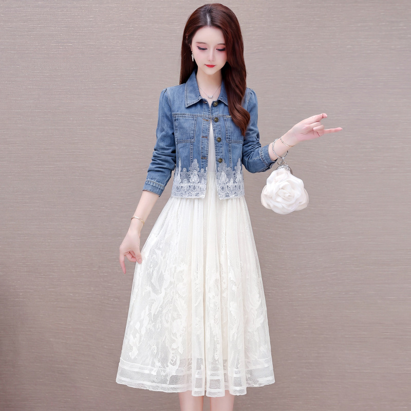 Denim jacket + lace mesh tank dress 2026 autumn new elegant women's suit dress Denim jacket + lace mesh tank dress 2026 autumn new elegant women's suit dress