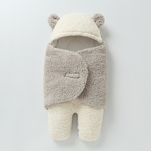 Newborn swaddling goat wool padded baby sleeping bag with split legs for autumn and winter, extra thick for outdoor use, baby wrap for mothers and babies