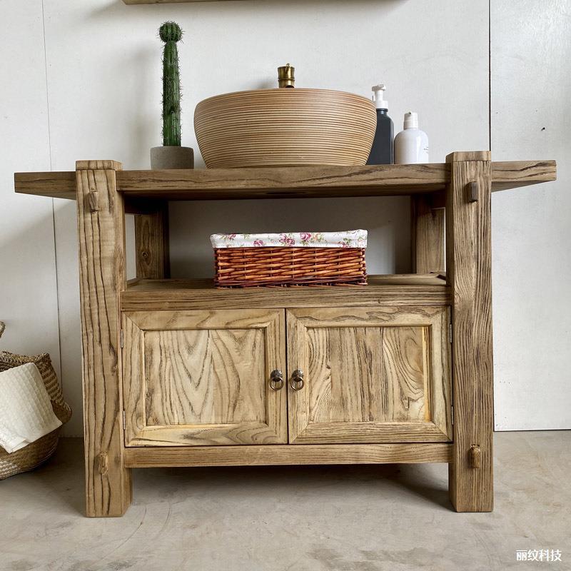 Vintage-Style Distressed Solid Wood Washstand Bathroom Cabinet Set with Chinese Antique Design