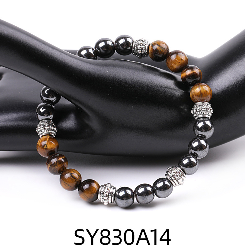 SY830A14 Tiger Eye + Black Iron Ore Drum Bead Bracelet
