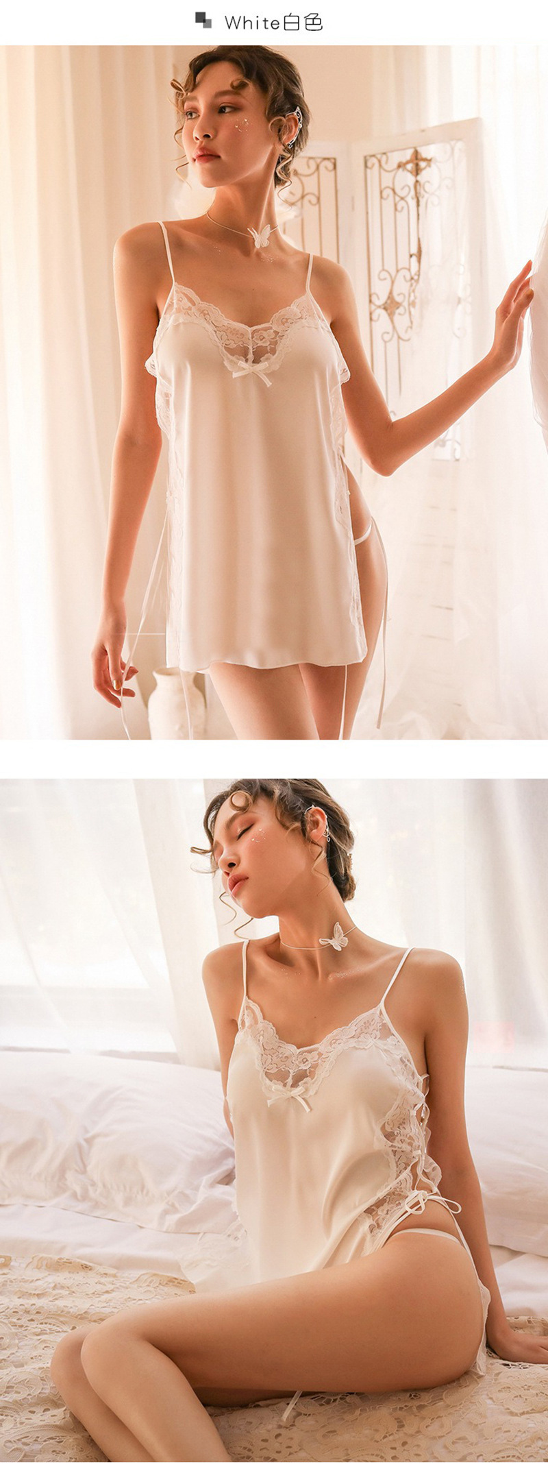 Imitation Silk Slit Babydoll Nightgown with Shoulder Straps, Backless Plus-Size Blue Set — detail image 23