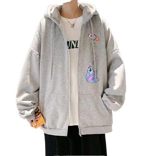 Chino Brand Zip-Up Hoodie with Fleece Outerwear for Men, Hong Kong Style, Ins Trendy, Youth Casual Cartoon Print Hooded Jacket