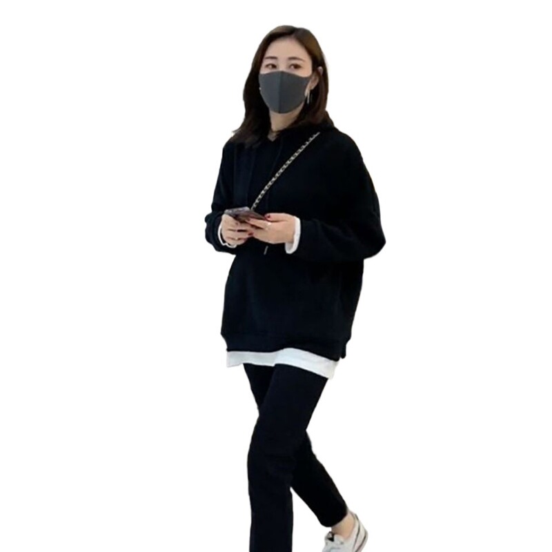 卫衣女秋冬季宽松连帽中长款大码显瘦新款加绒加厚假两件上衣减龄|undefined