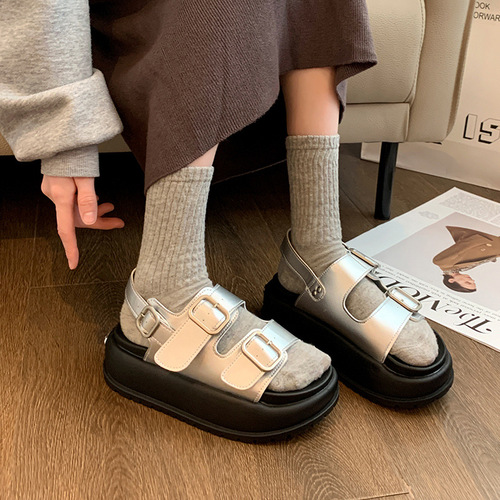Roman sandals for women 2024 summer new thick-soled Korean-style retro round-toe double strap student casual beach sandals