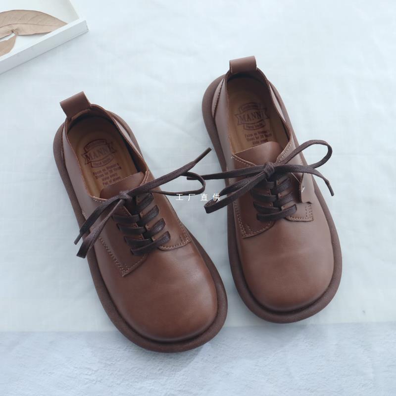 Niche Women's Shoes Soft-soled Single-layer Shoes Women's Retro Shoes Artistic Flat Big Shoes Round Toe Small Leather Shoes Women