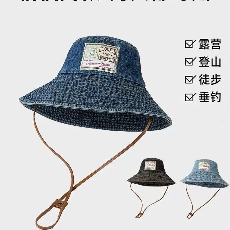 日系贴布牛仔渔夫帽女复古水洗做旧大帽檐盆帽显脸小遮阳防晒帽子