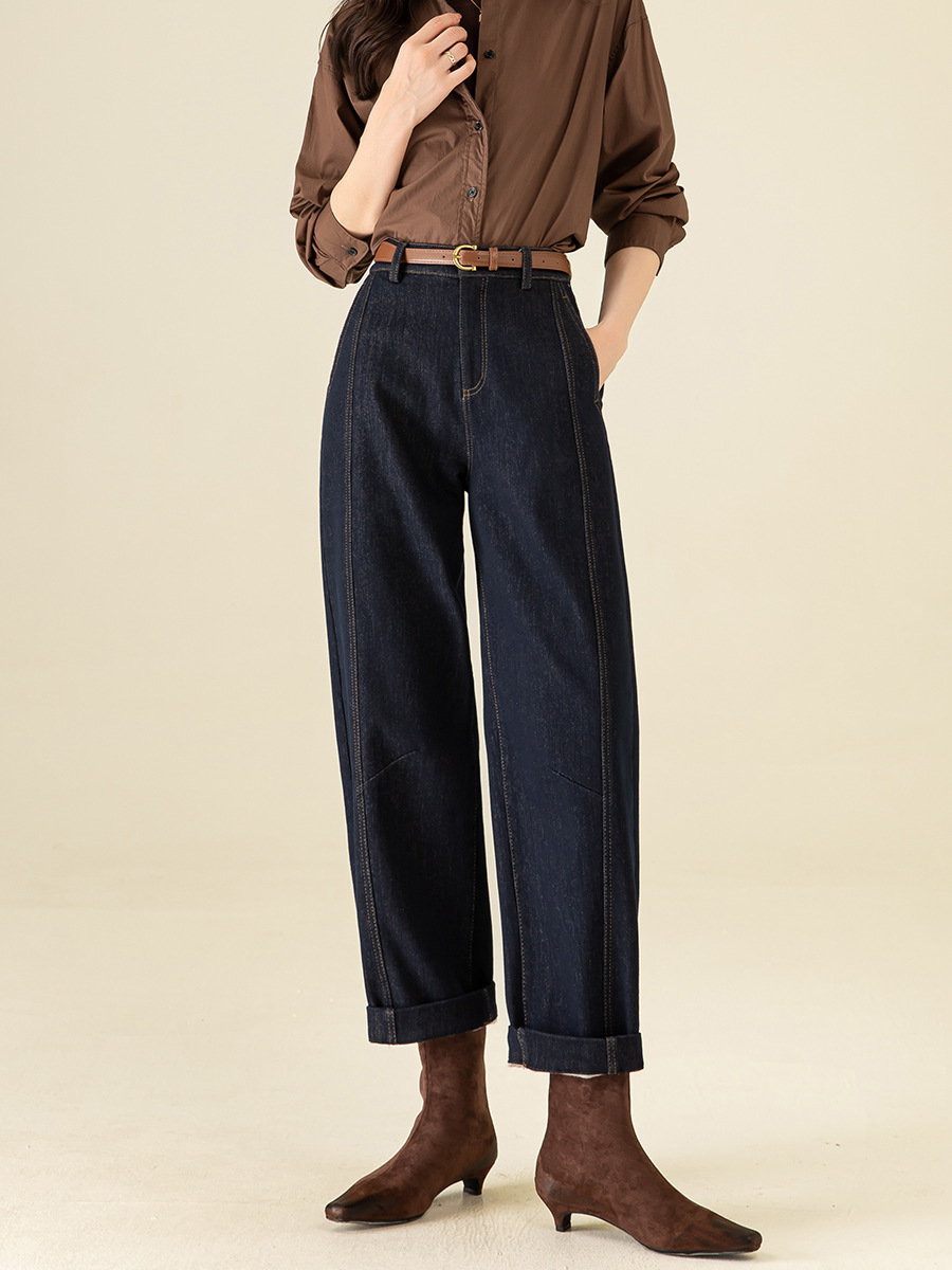 Quần jean nữ cạp cao ống rộng lót lông cừu dày dặn — Xanh denim