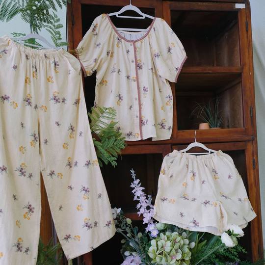 Loquat-high-end feeling retro national style cotton summer thin short sleeve shorts cotton suit home clothing summer