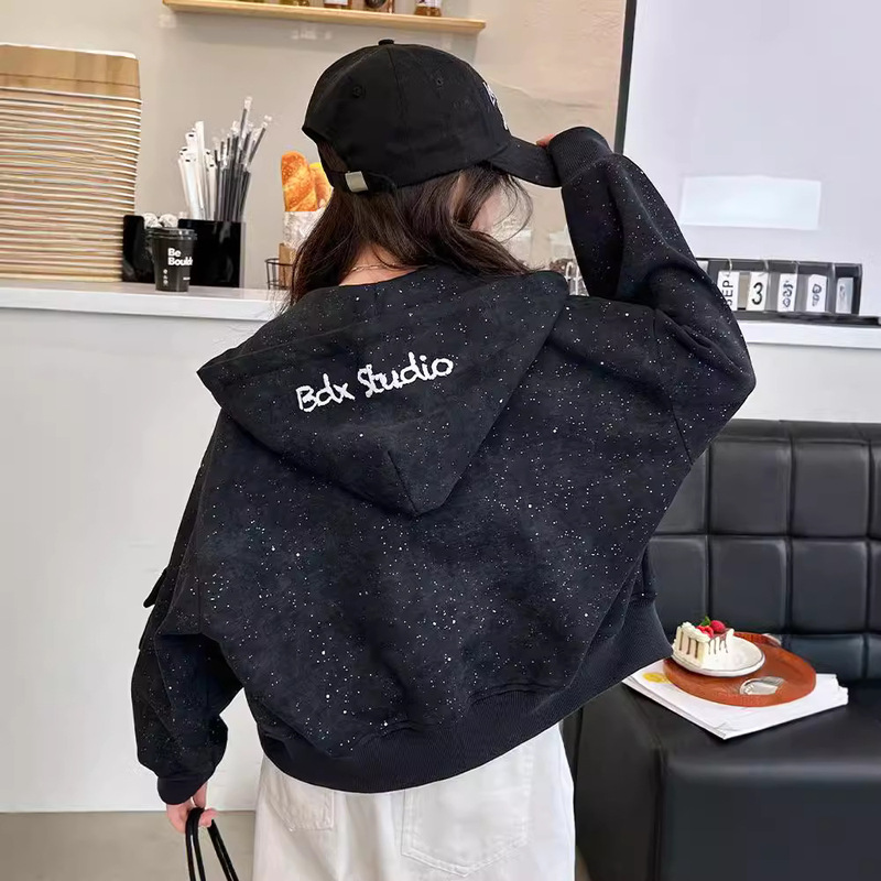 Girls' Autumn Bright Sparkling Jacket 2024 New Mid-Large Kids Stylish Fashionable Letter Hooded Long-Sleeved Zipper Cardigan