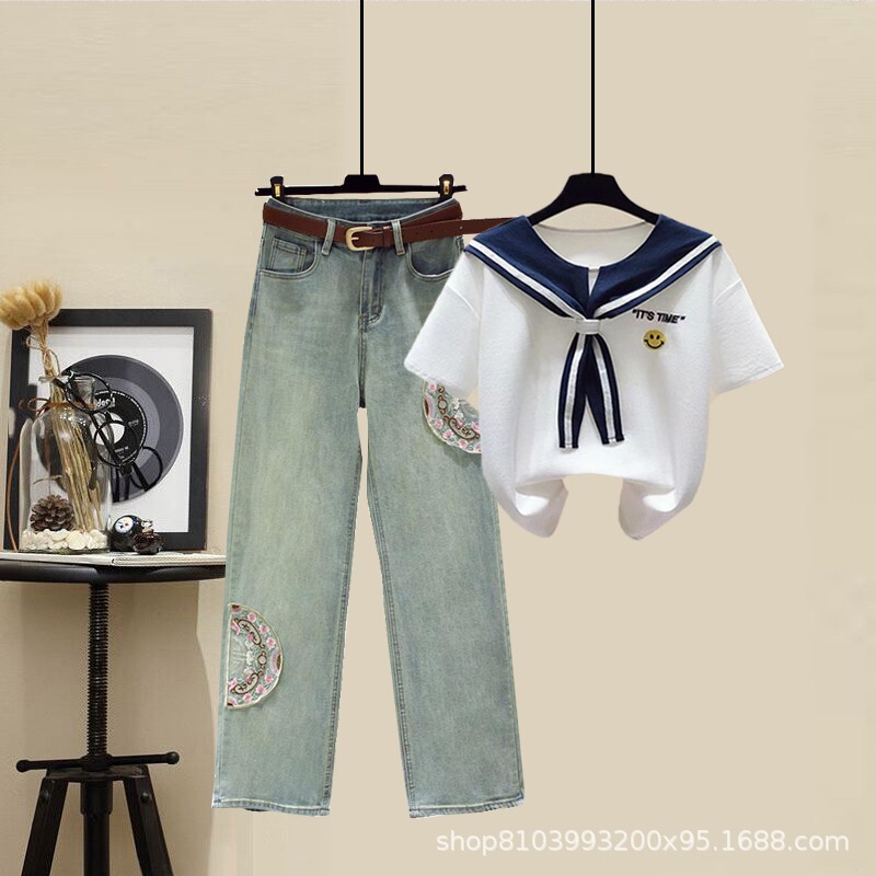 Denim suit# summer smiling face embroidered sailor suit short sleeve T-shirt with national style embroidery straight tube slim jeans Denim suit# summer smiling face embroidered sailor suit short sleeve T-shirt with national style embroidery straight tube slim jeans