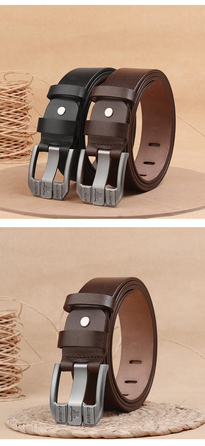 New Top Layer Cowhide Men's Genuine Cowhide Buckle Belt with 3.8 Wide Holes for Casual and Versatile Horizontal Holes, Pure Cowhide Belt for Men_voghion.com