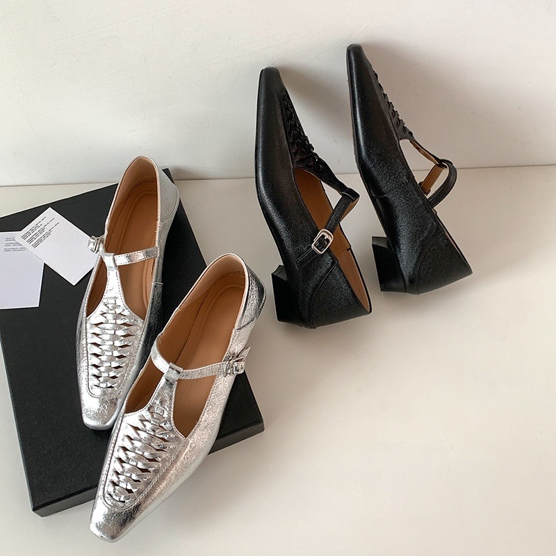 Giày Mary Jane nữ đan T-Strap da thật mũi vuông đế bệt — màu đen, bạc chi tiết 96