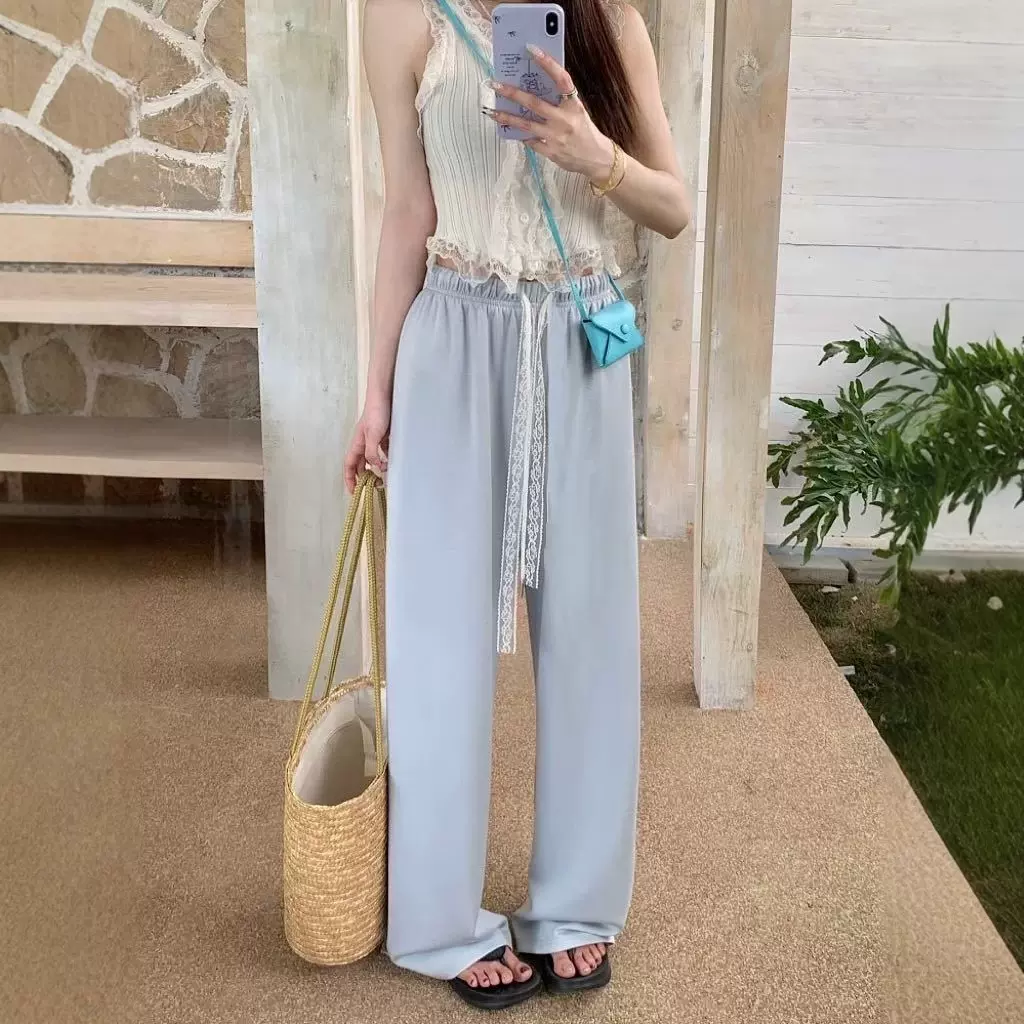 新款时尚蕾丝飘带冰丝阔腿裤宽松直筒休闲长裤高腰垂感奶芙女裤