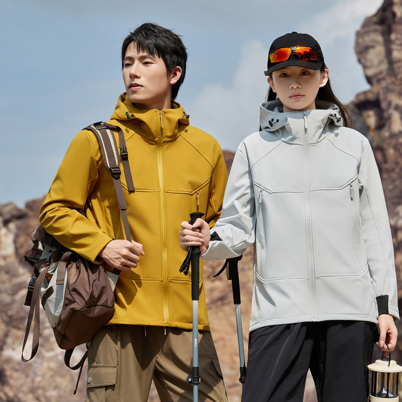 连帽软壳冲锋衣男女同款户外双层徒步运动登山服防水外套纯色上衣|undefined