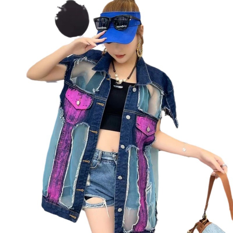 2024 primavera graffiti dibujos animados denim chaleco de malla de mujer empalme suelto chaqueta media larga marca de moda
