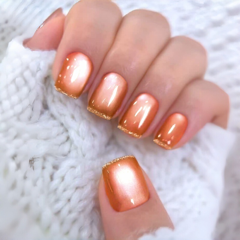 24 pieces of short orange press-on nails with gold edges, fashionable cross-border ins-style nail patches 24 pieces of short orange press-on nails with gold edges, fashionable cross-border ins-style nail patches