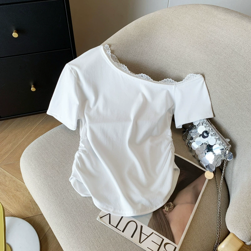 Женская футболка с косыми плечами и короткими рукавами, облегающая посадка, неровный короткий топ.