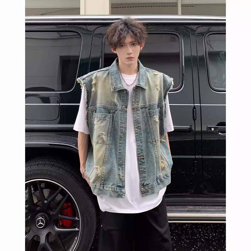 Vintage Washed American High Street Style Ripped Short Denim Vest for Men, Spring and Summer Trendy Sleeveless Gilet Top