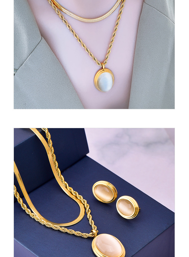 304 Stainless Steel 18K Gold Plated INS Style Inlay Round Oval Opal Earrings Necklace display picture 1