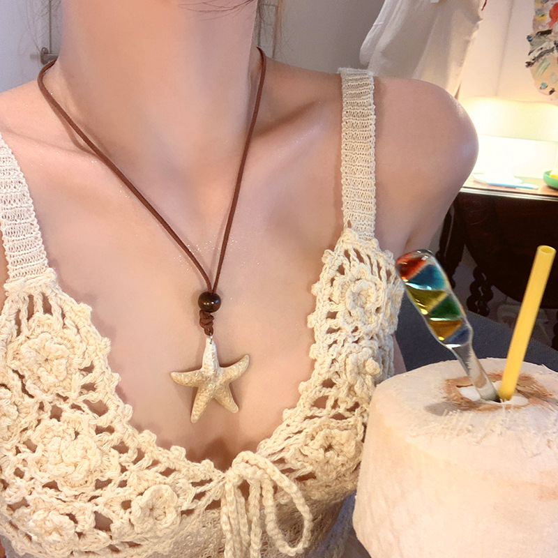 波西米亚海星皮革木质项链时尚简约个性百搭锁骨链海边度假风饰品