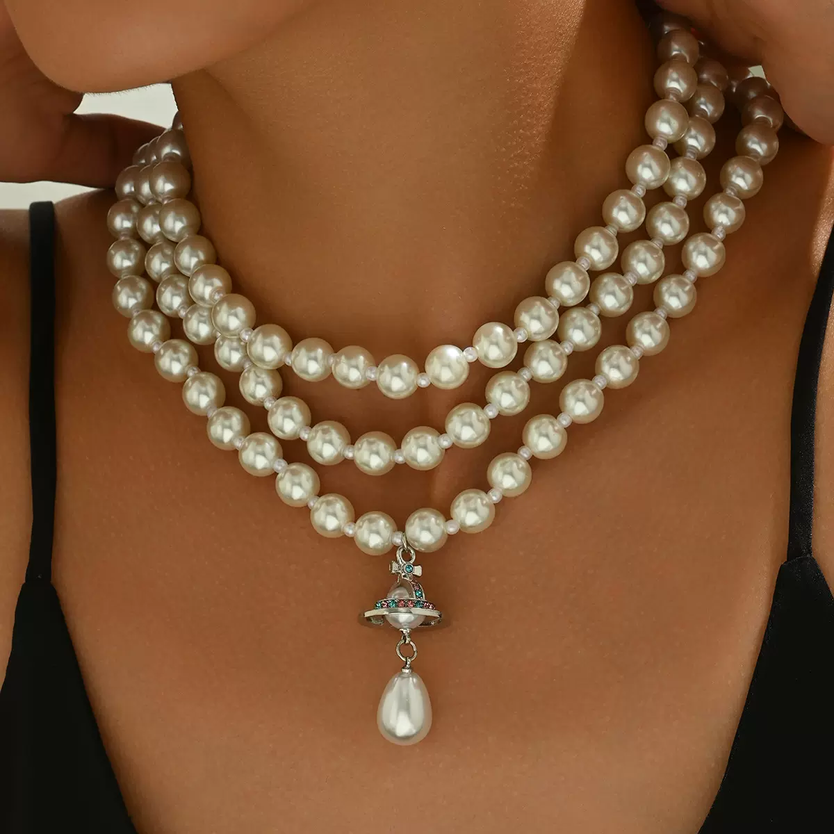 欧美轻奢风女士串珍珠项链多层简约小众设计镶钻长款锁骨链项饰