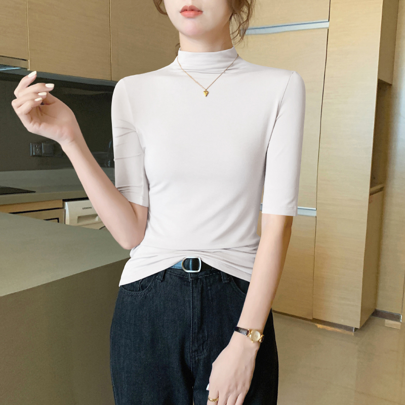 女性用ハーフタートルネックミッドスリーブボトリングシャツ、2025年春秋新作57分袖薄手ミッドカラートップ|undefined