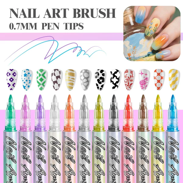 12-Color Nail Art Graffiti Pen Acrylic Paint DIY Painting Pen Quick-Drying Pull-Line Nail Art Pen Marker Pen Factory Ready Stock