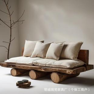 Vintage Old Elm Wood Sofa for Living Room, Floor-To-Ceiling Straight Three-Seat Sofa, Solid Wood Multi-Seat Sofa