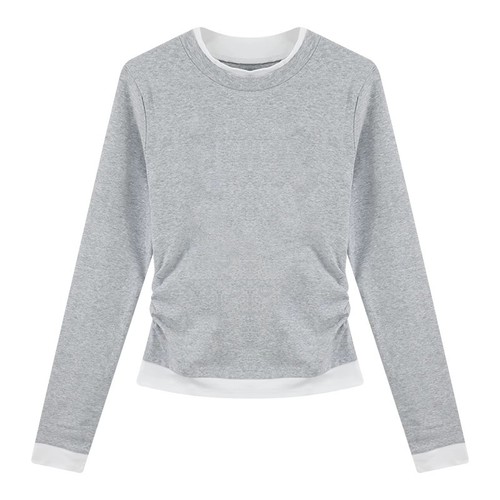 2025 Random Cut Korean Style Color Clash Round Neck Pleated Long Sleeve T-Shirt for Women - Early Autumn New Arrival Slimming and Body-Concealing Base Layer Top