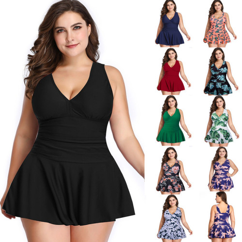 Plus size swimsuit for women, new European and American belly-covering conservative printed skirt split swimsuit boxer briefs manufacturer wholesale