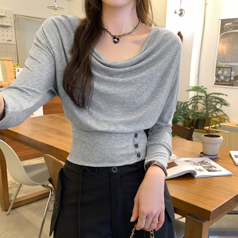 欧货今年流行高级感荡领长袖T恤女2025早秋新款独特短款上衣|undefined