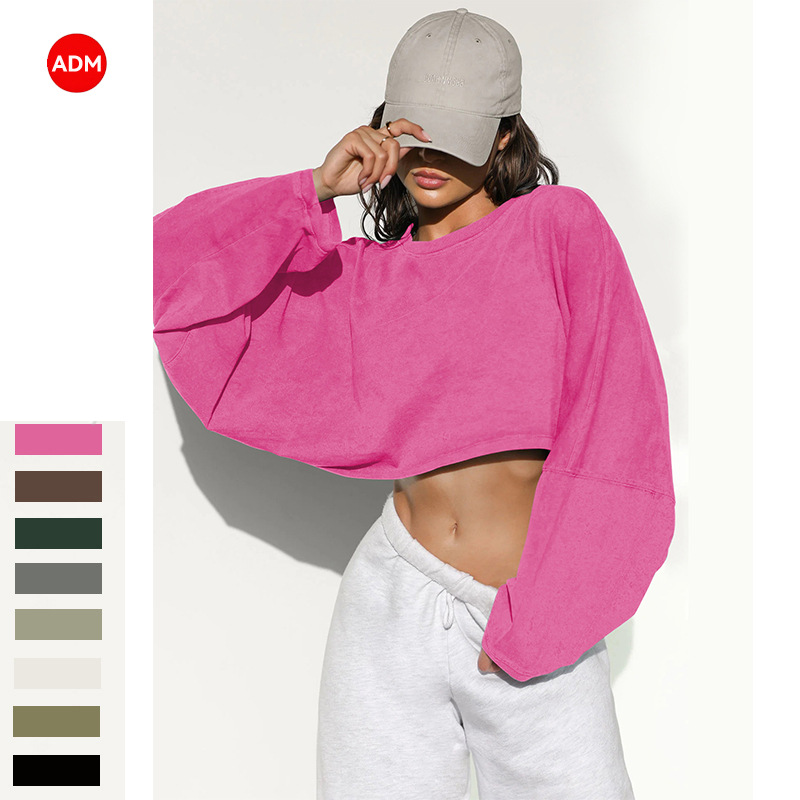 26 Cross-Border Crop Top Round Neck Sweatshirt European and American Women's Short Sports Undershirt T-Shirt Knitwear Long Sleeve Top