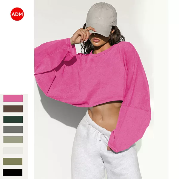 26 Cross-Border Crop Top Round Neck Sweatshirt European and American Women's Short Sports Undershirt T-Shirt Knitwear Long Sleeve Top