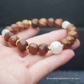 天然老山檀檀香雕刻件 螺纹珠 雪花幽灵 白玉 原创文玩单圈手串链