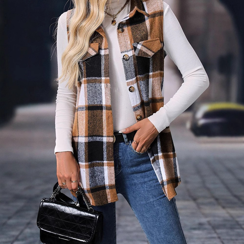 Trendy European and American Plaid Color-Block Sleeveless Top for Women, New Autumn and Winter Vintage Style with Pockets, Mid-Length Women's Vest