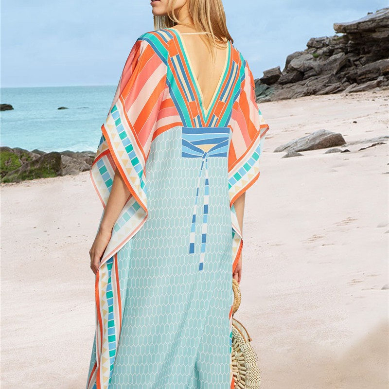 Blusa de playa europea y americana de secado rápido delantero y trasero con cuello en V posicionamiento impreso suelto Vestido de playa vacaciones blusa túnica 1D38