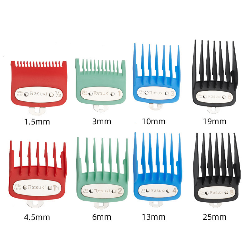 RESUXI跨境新款男士理发器配件彩色8件套限位梳油头电推剪带铁片