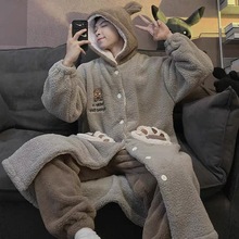 男士法兰绒睡袍秋冬季加厚加绒保暖大码冬天外穿珊瑚绒家居服套装