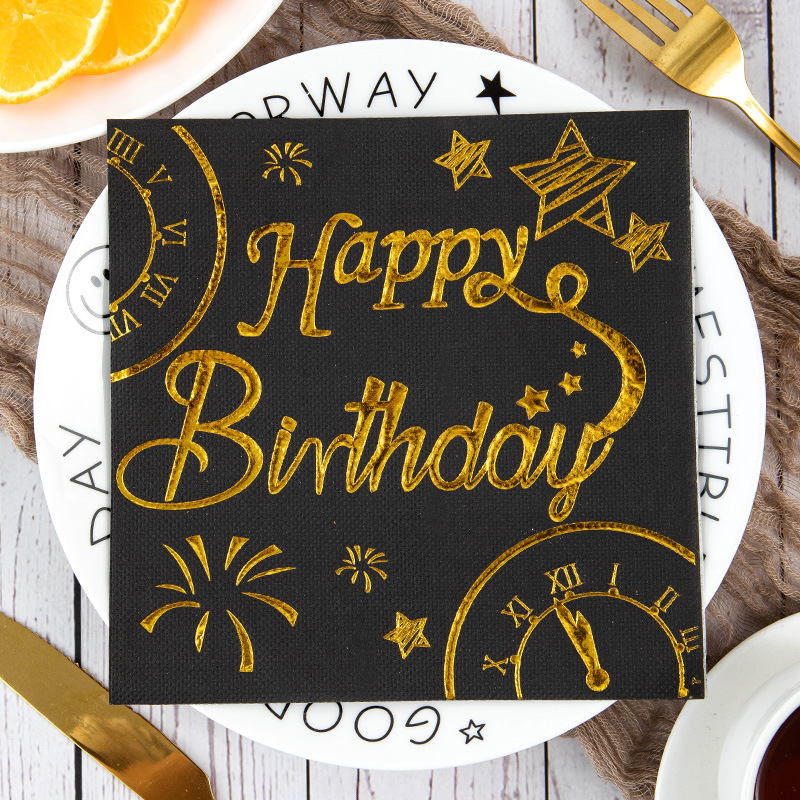 Happy Birthday Bronzing Black Theme Birthday Decoration Square Tissue Party Party Layout Napkin Wholesale