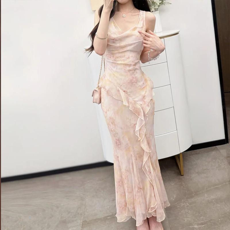 Floral Mermaid Strap Dress with Draped Neckline, Slim Fit High Waist Dress, Diagonal Cut Mermaid Tail Dress, Sleeveless Dress Floral Mermaid Strap Dress with Draped Neckline, Slim Fit High Waist Dress, Diagonal Cut Mermaid Tail Dress, Sleeveless Dress