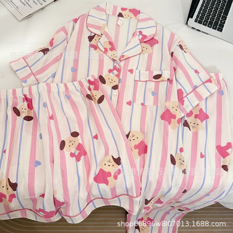Red famosa nuevo pijama de mujer nubes de verano algodón pantalones cortos de manga corta pantalones largos de tres piezas de dibujos animados set de ropa para el hogar