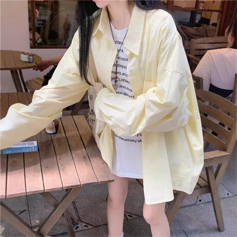 レイジースタイルストライプポロカラーシャツジャケット女性の夏の日焼け止めシャツルーズカジュアルカーディガンミッドレングストップ|undefined