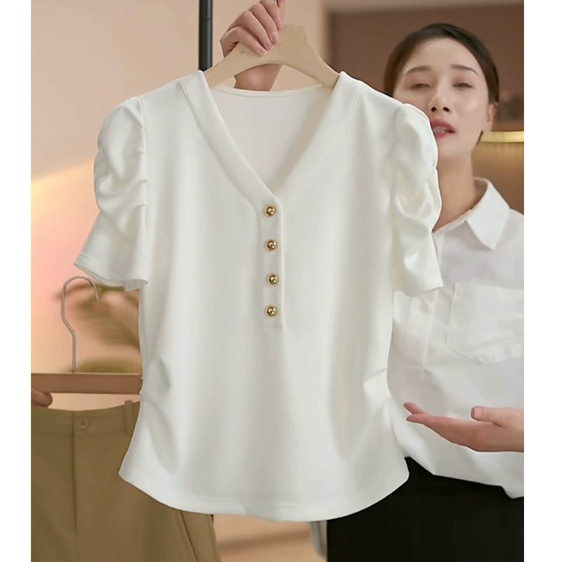 Официальное изображение, женская футболка с короткими рукавами и v-образным вырезом с французскими пышными рукавами, лето 2025, новый женский плиссированный топ для похудения, закрывающий тело