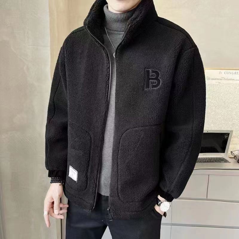 2024 남자 가을과 겨울 새로운 모방 양고기 벨벳 재킷 남자 수직 칼라 유행 기모 두꺼운 남자 겨울 자켓