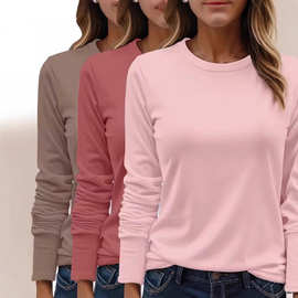 2025秋季新款欧美跨境外贸亚马逊wish女装圆领长袖T恤气质通勤