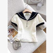 2026设计感小众夏季法式复古海军领学院风收腰短袖衬衫