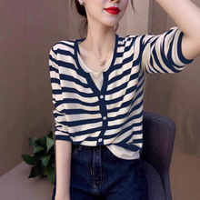 条纹假两件针织开衫女秋季2025新款宽松显瘦打底毛衣洋气长袖上衣